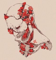 a drawing of a skull with flowers in it's hair