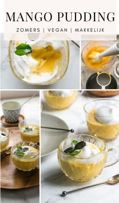 mango pudding in glass bowls and spoons on a marble table with text overlay