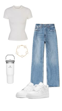 What To Pair With Light Blue Jeans, Simple Outfit Inspo Summer, Outfits With White Shirt, Outfit With White Shirt, White Top And Jeans Outfit, Basic Style Outfits, Outfit Air Force 1, Cute Easy Outfits For School, What To Wear With Jeans