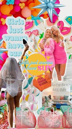 girls just wanna have sun, bachelorette decor ideas, balloons, charleston sc, basket bachelorette goodie bags, bach bags, beach ball decor, bride in swimsuit, beach bachelorette, orange pink and blue balloon arch, heart sunglasses, custom bachelorette cookies Girls Just Wanna Have Fun Bach Party, Party Themes Bachelorette, Bachelorette Party Rainbow, Bachelorette Party Luau, Golden Hour Bachelorette Party, Beach Bachelorette Mood Board, Bachelorette Party Themes Colorful, Bachelorette Party Swimsuit Themes, Bachelorette In Paradise Theme