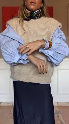 Puff Sleeve Shirt with Sweater Vest and Silk Skirt. Boho Vibes. Midsommar Outfit, Fest Outfits, Chique Outfits, Looks Street Style, Stockholm Fashion, Fashion Victim, Fall Fits, Winter Fits, Mode Inspo