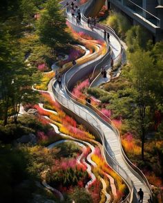 an aerial view of people walking down a curved road with colorful trees and shrubs on both sides