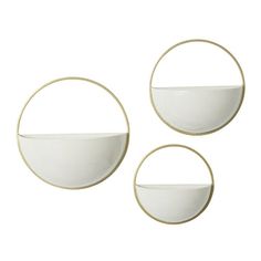 three white plates with gold rims are shown in the shape of circles on a white background