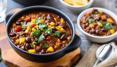 a bowl of chili with corn and cilantro on a wooden board next to other bowls