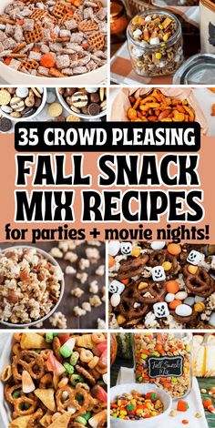 a collage of halloween snacks with the words crowd pleasing fall snack mix recipes for parties and movie nights