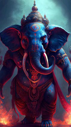 an elephant that is painted in blue and red with its tusks spread out