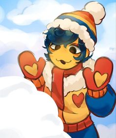 a cartoon character is standing in the snow with his hands up and wearing a santa hat