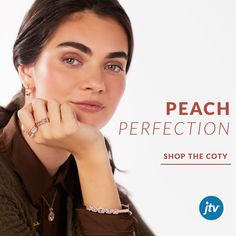 A woman with dark brunette hair smiling shyly at the camera with peach jewelry against a bright white background. Discover Your Style, Color Of The Year, Exquisite Design, The Year, Essence, Shades