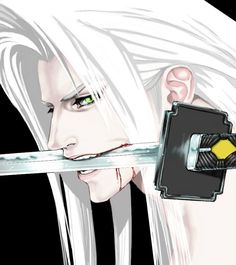 a woman with long white hair holding a knife