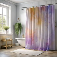 a bath room with a tub and a shower curtain