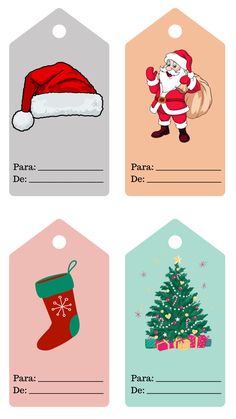 four christmas gift tags with santa claus and stockings