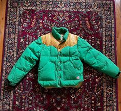 Limited addition luxuries green puffer jacket from Japanese Co. "Edwin Over Works" with leather shoulder yoke great quality jacket stitching on left pocket is fraying, but otherwise it is spotless super comfortable and reliable Green Puffy Jacket, Jacket Stitching, 70s Green, Green Puffer Jacket, Green Puffer, Puffy Jacket, Puffer Jacket, Puffer, It Works