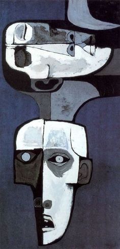 an abstract painting of two faces with one looking at the other's head in front of them