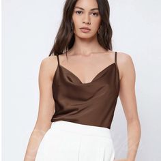 Brown Glamorous Cowl Neck Spaghetti Straps Camisole Top Cami, Draped Regular Fit Non-Stretchy Satin 100% Polyester Shop Our Boutique For Styles/Events: Romantic Date Night Bride Lingerie Boho Gypsy Hippie Beachy Birthday Gift Resort Bohemian Wedding Guest Engagement Party Bachelorette Vacation Cruise Travel Western Aesthetic Vibe Retro Christmas Thanksgiving Holiday Chic Casual Dressy Preppy Tiktok Classic Classy Work Office Business Contemporary Professional Workplace Wear Loose Fit Relaxed Dre Elegant Sleeveless Tops With Straps, Party Camisole Top With Delicate Straps, Elegant Spaghetti Straps Vest Top, Satin Cami Top With Delicate Straps, Satin Cami Top With Straps, Elegant Vest Camisole For Night Out, Elegant Cami Top With Straps, Party Cami Tank Top With Delicate Straps, Party Tank Top With Delicate Cami Straps