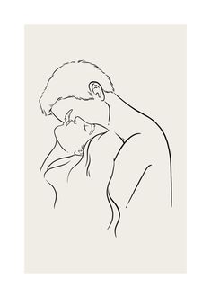 a black and white drawing of a man kissing a woman