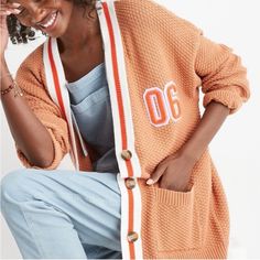 Measurements : 24” Ptp, 28” Length Materials : 100% Cotton New With Tags. Ships Fast! Mom Style Fall, Sweater With Jeans, Varsity Cardigan, Varsity Sweater, Cardigan Oversized, Oversized Knit Cardigan, Long Knit Cardigan, Belted Cardigan, Chenille Sweater