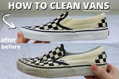 Best Way To Clean Vans Shoes, How To Clean Shoes Vans, How To Wash Vans Shoes, Cleaning Vans Shoes White, Cleaning Vans Shoes, How To Clean Vans Checkered, Clean Vans Shoes How To, Vans White Slip Ons Outfit, Vans Slip Ons Outfit