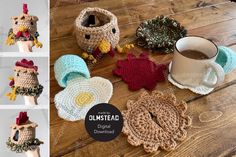 crochet chicken coasters and coffee cup cozyies on a wooden table with text overlay