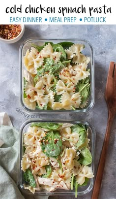 two plastic containers filled with pasta and spinach salad