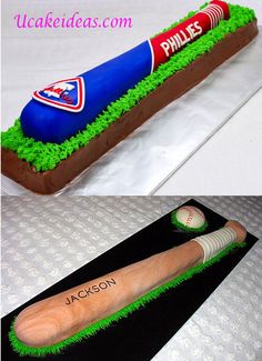 a cake shaped like a baseball bat and ball