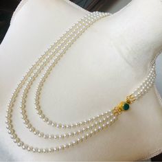 Handcrafted Triple Strand Cream Czech Glass Pearl Genuine Emerald Clasp Necklace, High Quality Czech Glass Pearls In A Classic Cream Tone, Gold Plated Metal Spacers, Handmade Genuine Emerald Stone Box Clasp Set In Gold Plate, Brand New, Handmade And One Of A Kind Elegant Statement Piece, Top Strand 24”/Bottom Strand 28”, Can Be Worn Displaying The Clasp As Shown Or In The Back. 6469 Mangalsutra Design, Black Beads Mangalsutra, Black Beads Mangalsutra Design, Tube Necklace, Pearl Jewelry Design, Artisan Necklace, Gold Leaf Earrings, Diamond Necklace Set, Clasp Necklace