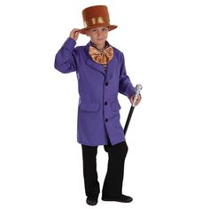 a young boy dressed in a purple suit and top hat