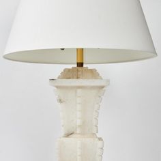 a table lamp with a white shade on it