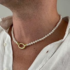 You can find these mens pearl necklaces only in our store. The most special gift that seduces your boyfriend :) Discover the privilege that perfect mens gold and silver pearl necklaces for modern people will create in your style.  Features of the necklace: - Pearl size: 6 & 6.5mm  - Pearl color: White - Clasp:  Rhodium Hinged Clip & Gold Plated Hinged Clip - Necklace size: Sizes now available in 18"(46 cm), 19"(48 cm), 20"(51 cm), 21"(53 cm), 22"(56 cm) and 23"(58 cm) necklaces. - Design code: S Mens Pearl Jewelry, Pearl For Men, Mens Choker, Mens Pearl Necklace, Gift Idea For Boyfriend, Pearl Necklace Men, Idea For Boyfriend, Mens Choker Necklace, Modern People