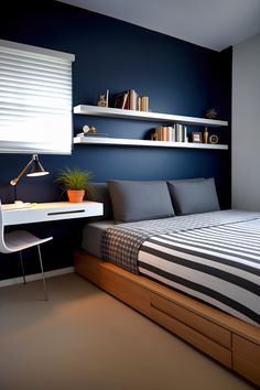 Photographed from an angle that captures the entire queen-size bed and most of the room, this modern bedroom features a midnight blue accent wall with horizontal white stripes. A low-profile bed, floating wooden shelves, and a minimalist desk lamp complete the look. Blue Walled Bedroom Ideas, Men’s Room Color, Man Bedroom Color Ideas, Blue Room Ideas For Men, Male Bedroom Color Ideas, Mens Room Wall Decor, Blue Teenage Boys Bedroom Ideas, 2 Tone Bedroom Walls, Small Room Color Ideas