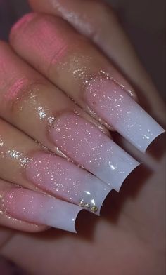 Sparkly Square Acrylic Nails, Ombre With Glitter Nails, Glitter Baby Boomer Nails, Baby Pink Ombre Nails, Ongles Nail Art, Ombre Nails With Gems, Pink And White Glitter Nails, Sparkly Pink Acrylic Nails, Ombre Nails With Diamonds