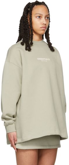 Long sleeve cotton-blend fleece sweatshirt in green. Logo flocked in off-white at front. · Rib knit crewneck collar and cuffs · Rubberized logo patch at back collar Please note that this item may not be shipped within the EU. Supplier color: Seafoam Alt Ideas, Essentials Sweatshirt, Barbie Sets, Crewneck Sweatshirt Women, Fear Of God Essentials, Kids Styles, Green Logo, Black Crewneck, Fear Of God