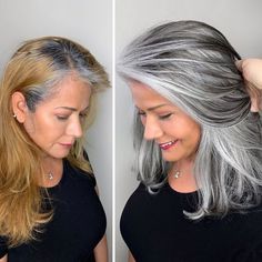 Silver Foils In Dark Hair, Gray Hair With Lowlights Over 50 Curly, Hide Grey Hair, Redken Shade, Gray Hair Color, Yellow Blonde