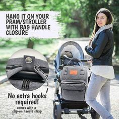 a woman walking with her baby in a stroller and the text hang it on your pram / stroller with bag handle closure