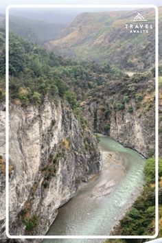 a river flowing between two mountains with a white frame over the top that says travel await