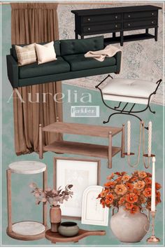 a collage of furniture and decor items including a couch, coffee table, vase with flowers on it