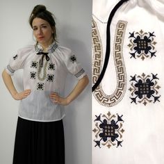 Traditional blouse with embroidered ornaments.  Brand: Greek Fondo (made in Greece) Size on the label: n/a Measurements, flat (Approx): From armpit to armpit: 56 cm (22.05'') Overall length: 63 cm (24.80'') Material: polyester Condition:  very good vintage condition. Model in the photos is size 8UK/4US; 164 cm/5'5''  PLEASE read description. For better fitting I would suggest you compare measurements to a garment that you have in your closet to ensure a proper fit. No returns in case of the bad White Vintage Peasant Top For Festival, Vintage White Peasant Top For Festival, Bohemian Blouse With Woven Motifs For Festivals, Short Sleeve Bohemian Blouse For Festive Occasions, Traditional Summer Festive Blouse, Traditional Summer Blouse For Festive Occasions, Summer Festive Traditional Blouse, Festive Bohemian Short Sleeve Blouse, Peasant Tops With Geometric Embroidery For Festival