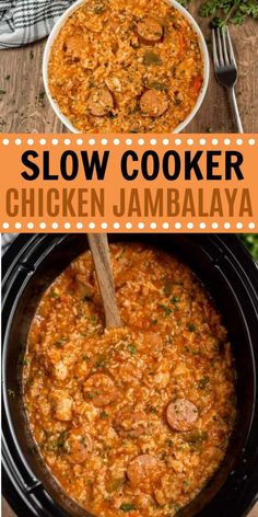 slow cooker chicken jambalya in a crock pot with the title above it