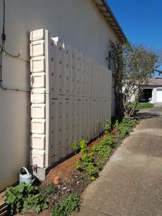 the side of a building with a bunch of plants growing next to it and a water can