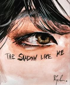 a drawing of the eyes of a man with words written on his upper half and lower half