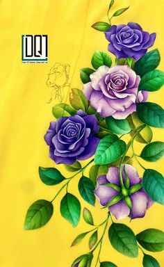 a painting of three purple roses and green leaves on a yellow background with the letter o