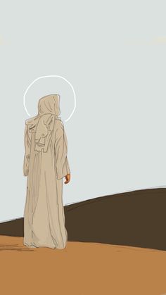 a drawing of a person walking in the desert with a halo around their neck and head