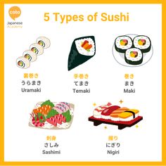 the five types of sushi are shown in english and japanese characters, with their names