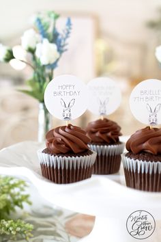 three chocolate cupcakes sitting on top of a white plate with happy birthday tags