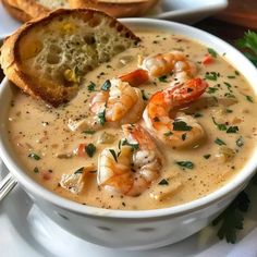 a bowl of soup with shrimp and bread on the side, ready to be eaten