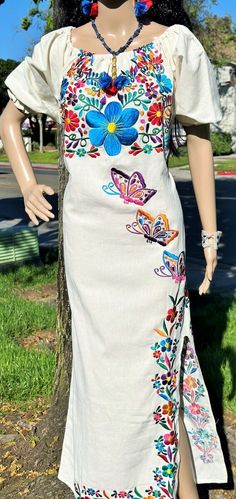 Check out Mexican Artisan Beige Maxi Dress: Embroidered Flowers & Butterflies Side Slit, the latest item I added on eBay! #eBay #eBaySeller Mexican Girl Dress, Aztec Clothing, Beige Maxi Dress, Mexican Embroidered Dress, Multicolor Flowers, Mexican Outfit, Mexican Dress, Mexican Girl, Mexican Dresses