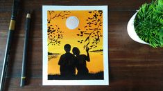 two people are standing in front of a tree with the sun going down on them