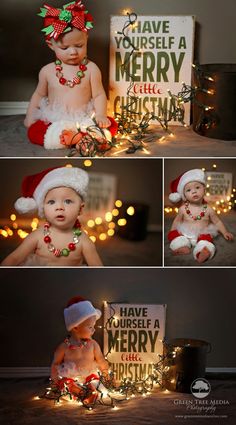 a baby is sitting on the floor with christmas decorations