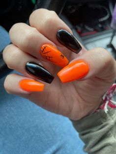 Halloween Nails Black And Orange Spider Web, Halloween Nails Plain, Orange Spider Web Nails, Simple Halloween Nails Black And Orange, Halloween Orange And Black Nails, Halloween Nail Designs Orange And Black, Neon Orange Halloween Nails, Solid Color Halloween Nails, Halloween Nails Solid Colors