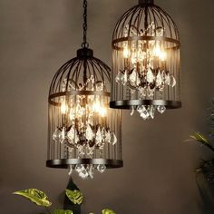 two chandelier lights hanging from a ceiling