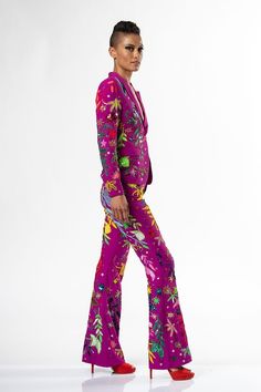 Any Old Iron Jungle Suit is the perfect punch for any fun event! Hand beaded Satin lining Flared fitted pants Custom made Bday Dresses, Colorful Suit, Maximalist Outfits, Jungle Design, Time Aesthetic, Pants Custom, Lainey Wilson, Fitted Pants, Kate Bosworth